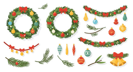 Festive Christmas Decorations Wreaths, Garlands, and Ornaments in a Colorful Vector Set