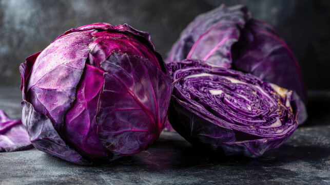 Fresh purple cabbage, whole and cut in half on dark slate surface, vibrant organic vegetable close-up