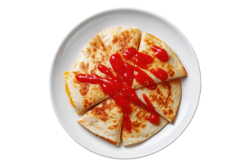 A top-down view of a quesadilla cut into triangles on a white plate, drizzled with red sauce