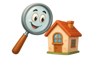 Magnifying glass cartoon character discovering a small house, representing real estate search, home inspection, and property finding