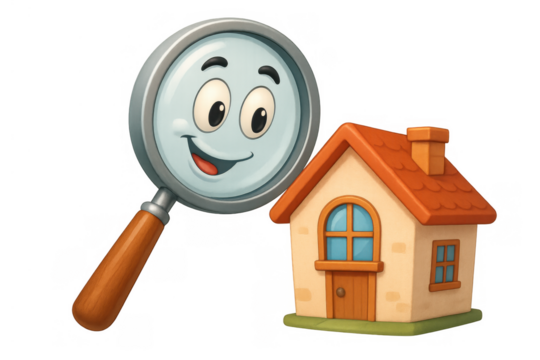 Magnifying glass cartoon character discovering a small house, representing real estate search, home inspection, and property finding