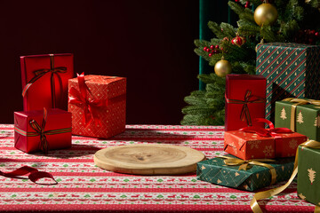 Christmas gifts in red and gold arranged on a patterned holiday tablecloth. The warm lighting and festive ornaments make this scene useful for end-of-year promotional visuals.