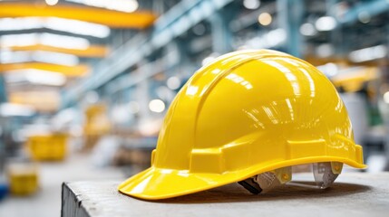 A bright yellow safety helmet rests on a concrete surface in a busy factory. The interior is filled with various equipment and ambient lighting, indicating ongoing work activities.