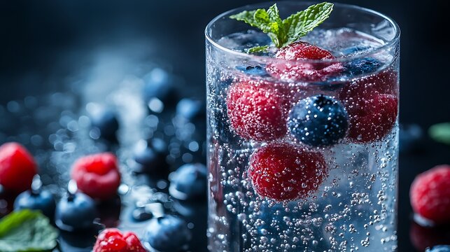 Sparkling water with mint raspberries and blueberries