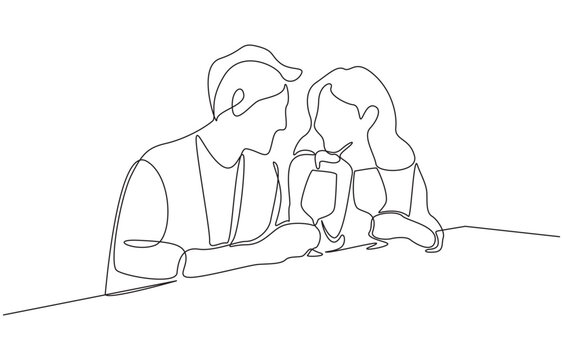 Continuous one line drawing of romantic couple drinking wine while dating, single line art.