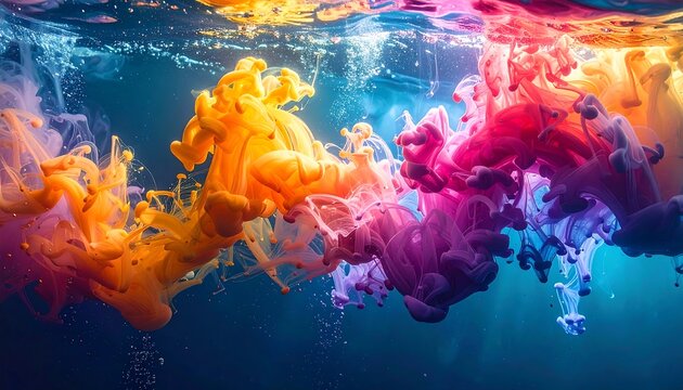 Colorful Ink Clouds Underwater - A Mesmerizing Abstract Art Composition.