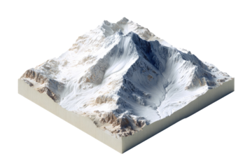3D isometric view of a snow-capped mountain range, isolated on black