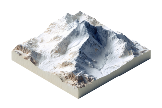 3D isometric view of a snow-capped mountain range, isolated on black