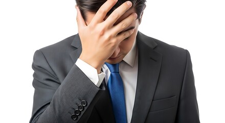 A formally dressed man, overwhelmed, covers his face with his hand, looking down.