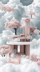 A surreal, ethereal scene featuring a multi-tiered pink tower with blooming pink trees and soft, white clouds.