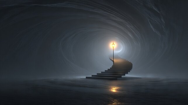 Abstract surreal spiral staircase leading to glowing lantern in dark mysterious space fantasy dreamlike architectural background concept for imagination spiritual journey and inner light