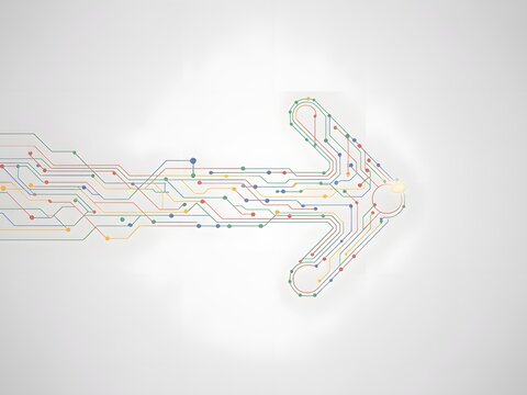 Abstract digital arrow with circuit board elements and data flow
