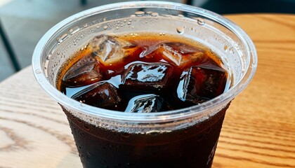 Refreshing iced coffee in clear plastic cup with condensation, close-up shot on wooden table, perfect for beverage advertising and cafe branding