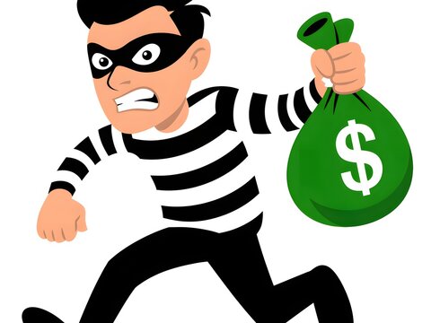 Cartoon thief running with a bag of money