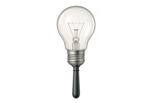 Light bulb magnifying glass concept representing creative idea investigation, research, and innovation on transparent background