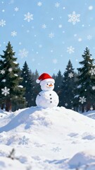 Obraz premium A cheerful snowman wearing a red Santa hat stands amidst a snowy forest landscape under a bright blue sky with falling snowflakes.