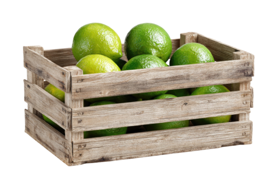 A wooden crate overflows with vibrant green citrus fruit, isolated on a black background