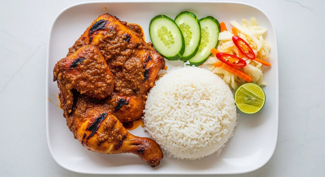 Top-view ayam percik with coconut-spiced sauce and rice