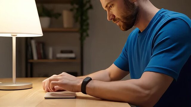 Focused bearded man reading a book under a lamp at night.