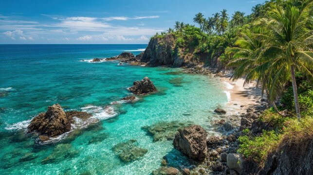 A serene coastal scene features sparkling turquoise waters and a golden sandy beach surrounded by vibrant green palm trees. Waves gently lap against the rocky shore under a bright sky. - Powered by Adobe