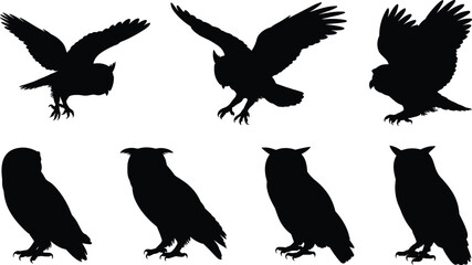 Flying Owl Silhouettes, Bird of Prey Vector Set, Black Night Animals, Wings Spread Icons, Perched Wildlife Collection