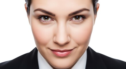Close-up portrait of a confident young businesswoman in a suit smiling directly at the camera.