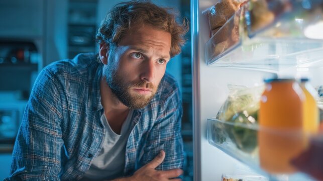 A man sits in front of an open refrigerator late at night, looking thoughtful as he decides on a snack. The kitchen is dimly lit, creating a cozy atmosphere.