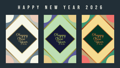 Elegant happy new year 2026 card designs with geometric shapes and golden accents, perfect for festive greetings and modern celebrations, set of three