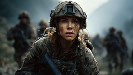 A female soldier in combat, leading her squad through a perilous landscape, determined, powerful, cinematic leadership.