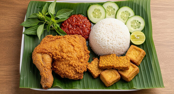 Top-view Malaysian ayam penyet served with rice and sambal