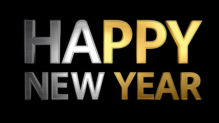 Elegant Happy New Year Celebration Banner: Festive Gold and Silver Typography on Black Background with Fireworks Symbols, Cheerful Wishes for Joyous Beginnings