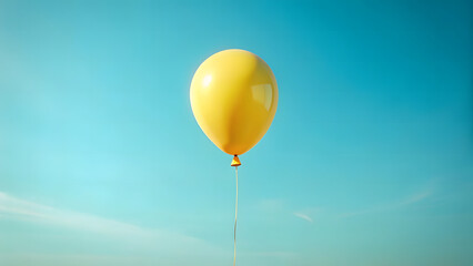 Obraz premium Single yellow balloon suspended in a clear blue sky with wispy clouds floating
