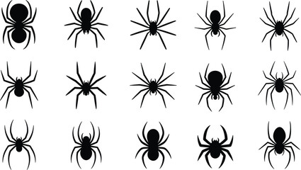 Spider Silhouettes Set, Halloween Arachnid Icons, Black Scary Bugs Vector Collection, Creepy Nature Insect Figures, Venomous Creatures