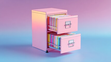 Open Pink Filing Cabinet with Colorful Documents on Gradient Background