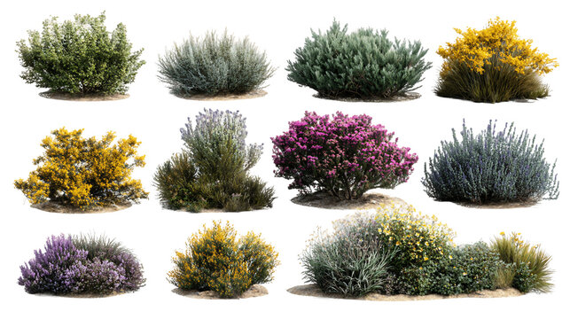 Array of Assorted Bushes with Green Yellow Purple and Gray Foliage on Transparent Background, PNG