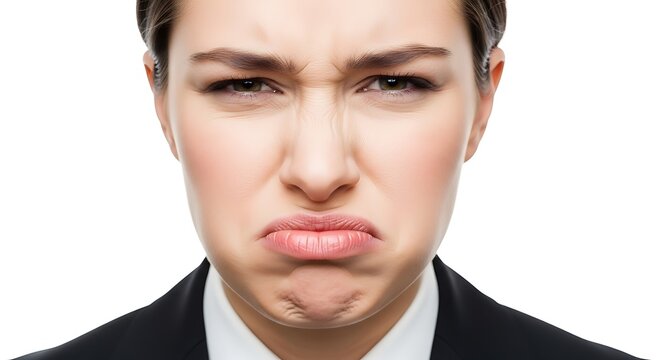 A close-up portrait of a young businesswoman with a strong expression of disgust, wrinkling her nose and frowning against a white background.
