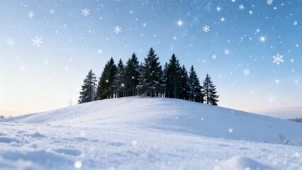 Obraz premium A serene winter landscape featuring a snow-covered hill with evergreen trees under a starry sky with falling snowflakes.