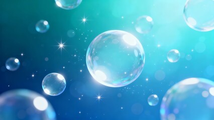 Glistening soap bubbles float against a vibrant blue background illuminated by soft light and sparkling stars.