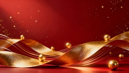 Elegant golden ribbons and spheres gracefully flow across a rich red background creating a luxurious and dynamic visual composition.