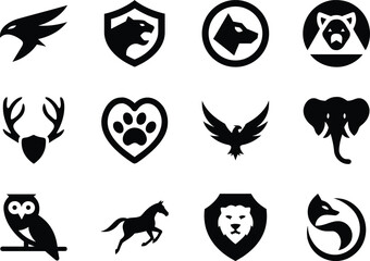 Animal silhouette logo set with simple vector shapes, ideal for branding, wildlife and mascot design.