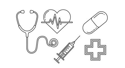 A minimalist collection of essential medical and healthcare line icons, including a stethoscope, heartbeat, pill, and syringe