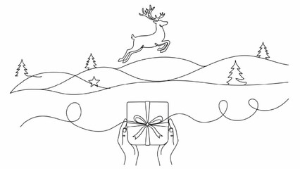 One-Line Reindeer Leaping Over Hills with Hands Holding Gift – Minimalist Christmas Artwork © Narmada