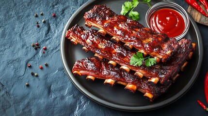 Spicy hot spare ribs on plate over blue stone background