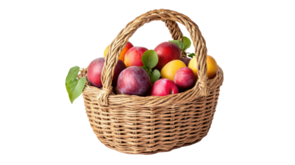 Fresh organic plums in a winter basket with vibrant colors and natural texture, perfect for seasonal fruit visuals isolated on white background