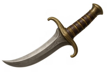 Fantasy medieval dagger featuring a curved blade with ornate details and a leather-wrapped hilt, transparent background