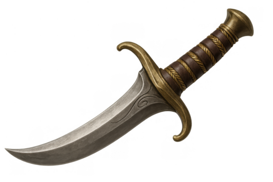 Fantasy medieval dagger featuring a curved blade with ornate details and a leather-wrapped hilt, transparent background
