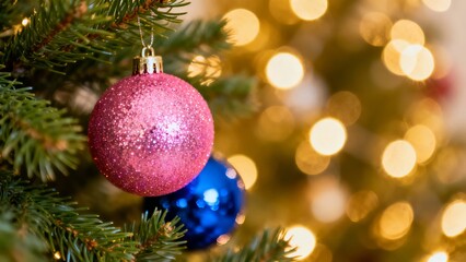 Obraz premium A close-up of festive Christmas ornaments featuring a pink glitter ball and a blue bauble hanging on a green pine branch with a warm bokeh-lit background.