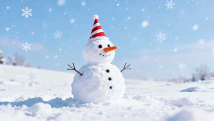 Fototapeta premium A cheerful snowman wearing a red and white striped hat stands in a snowy landscape under a bright blue sky with falling snowflakes.