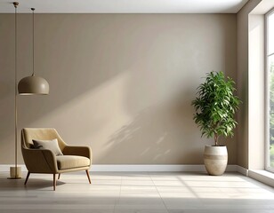 Fototapeta premium Interior view featuring an armchair, a floor lamp, a potted plant, and a window