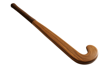 A classic wooden field hockey stick with a curved end and wrapped grip, essential equipment for sports, competition, and outdoor athletic games, isolated on transparent background